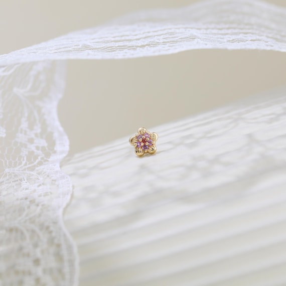 14K Solid Gold Amethyst Flower Earring Elegant Rhodolite Garnet Gemstone Piercing Cartilage Helix Earlobe Push Flat Back Stud Gift for Her