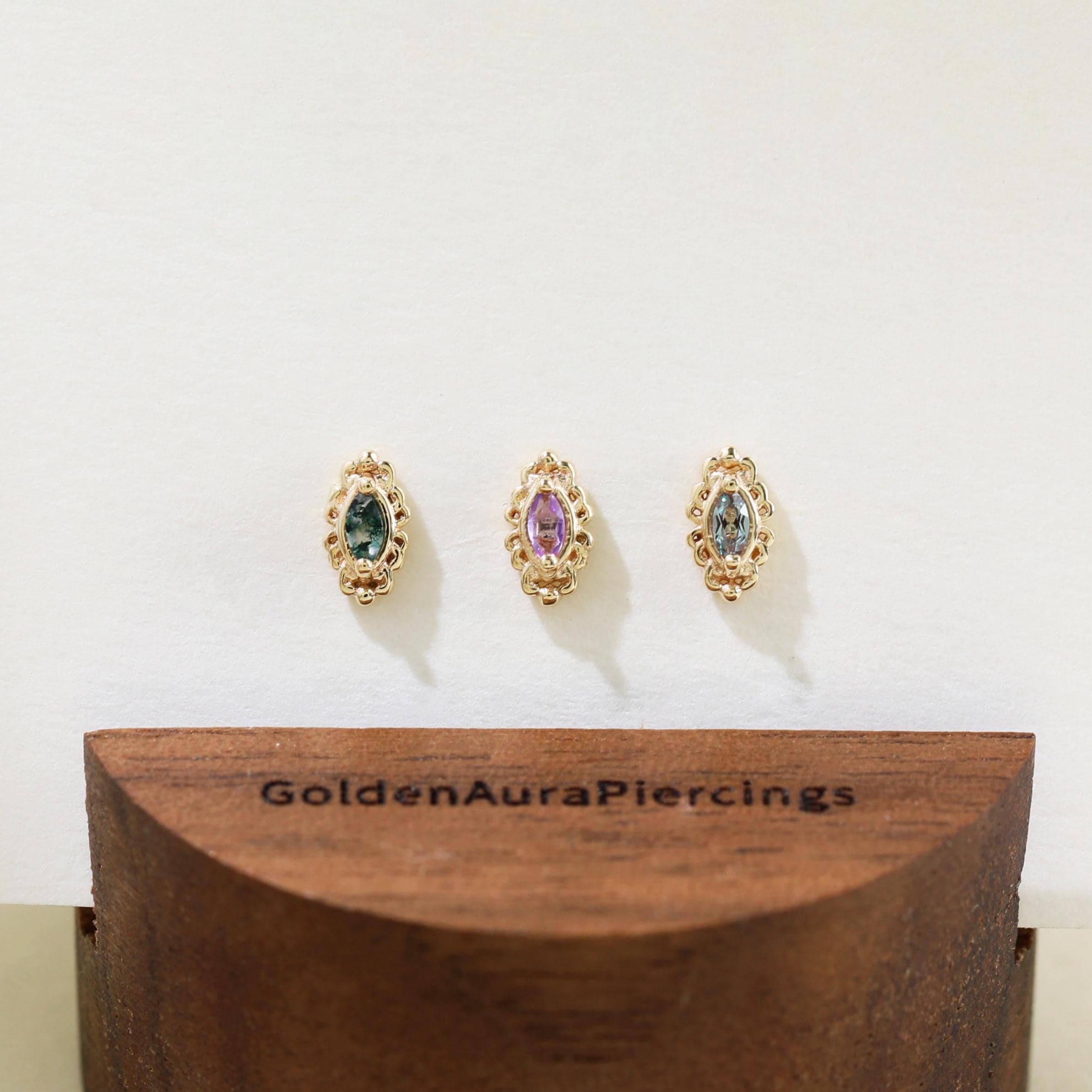 14K Solid Gold Alexandrite Vintage Flower Oval Stud Earring Moss Agate Amethyst Threadless Push Pin Dainty Cartilage Helix Lobe Piercing