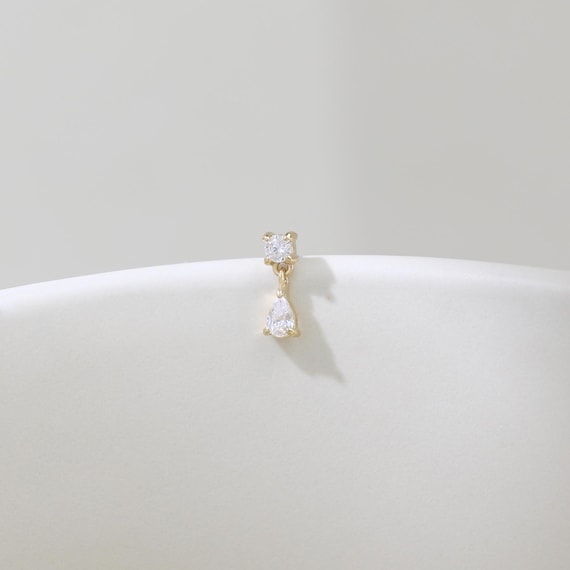 14K Solid Gold Diamond Dangle Stud Earring Round & Dewdrop Gemstone Push Pin Flat Back Minimalist Cartilage Helix Lobe Piercing Gift for Her