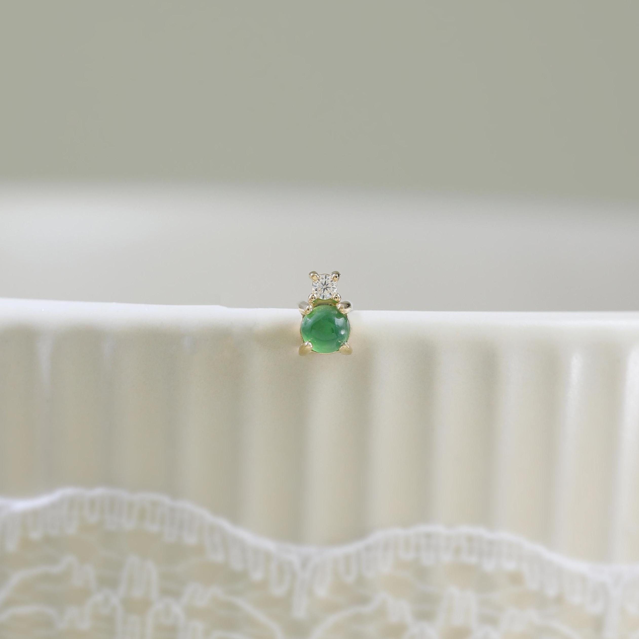 14K Solid Gold Jadeite Moissanite Earring Two Gemstone Helix Earlobe Labret Push Flat Back Stud Simple Piercing Handmade Jewelry Gift