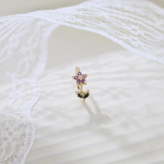 14K Solid Gold Amethyst Flower Hoop Earring Floral Green Tourmaline Nose Ring Blossom Septum Ring Cartilage Daith Clicker Hoop 16g