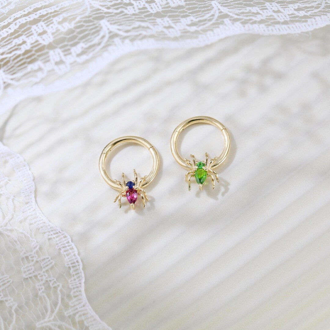 14K Solid Gold Spider Chrome Diopside Clicker Hoop Rhodolite