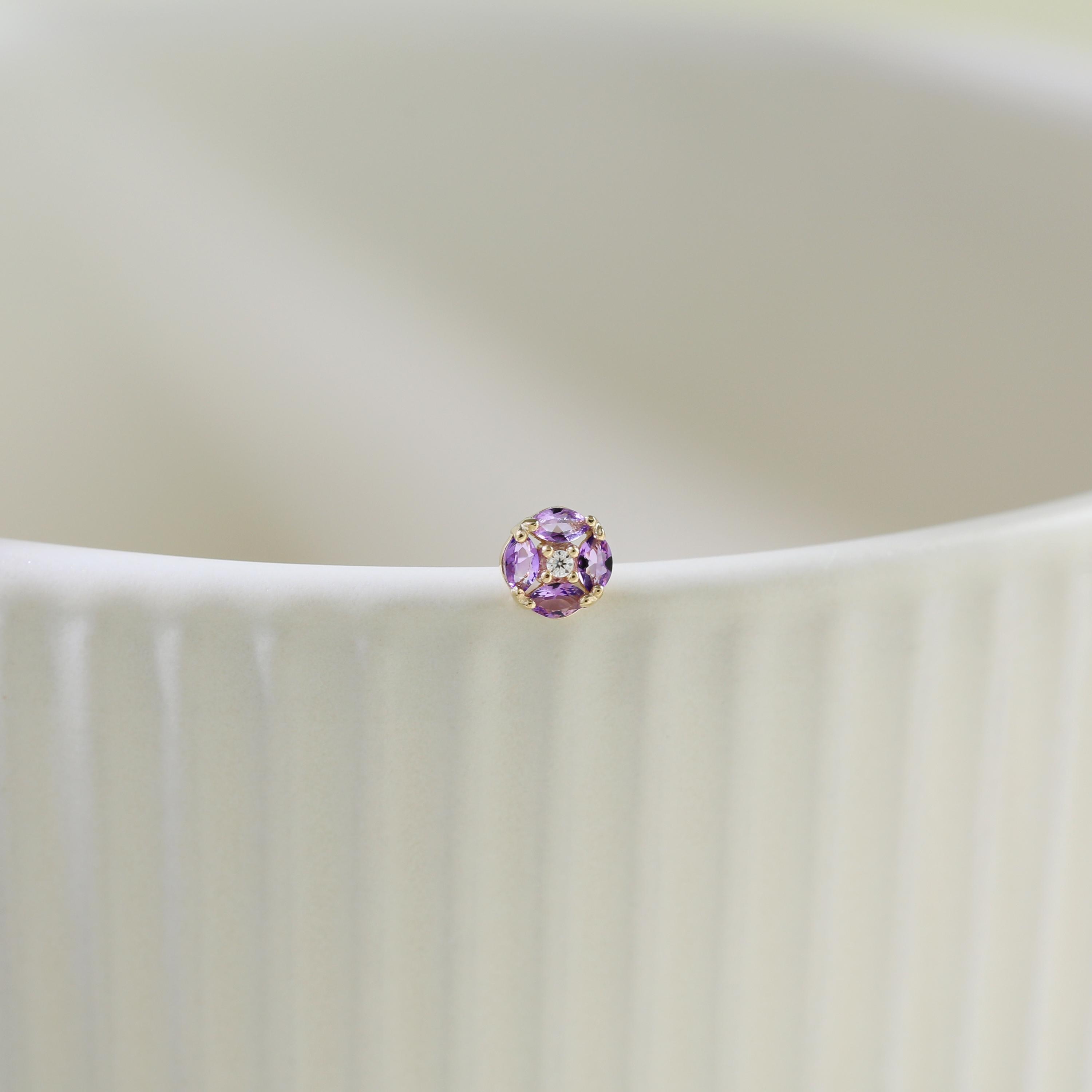14K Solid Gold Amethyst Moissanite Flower Earring Gemstone Cartilage Earlobe Helix Tragus Push Back Flat Stud Minimalist Piercing Jewelry
