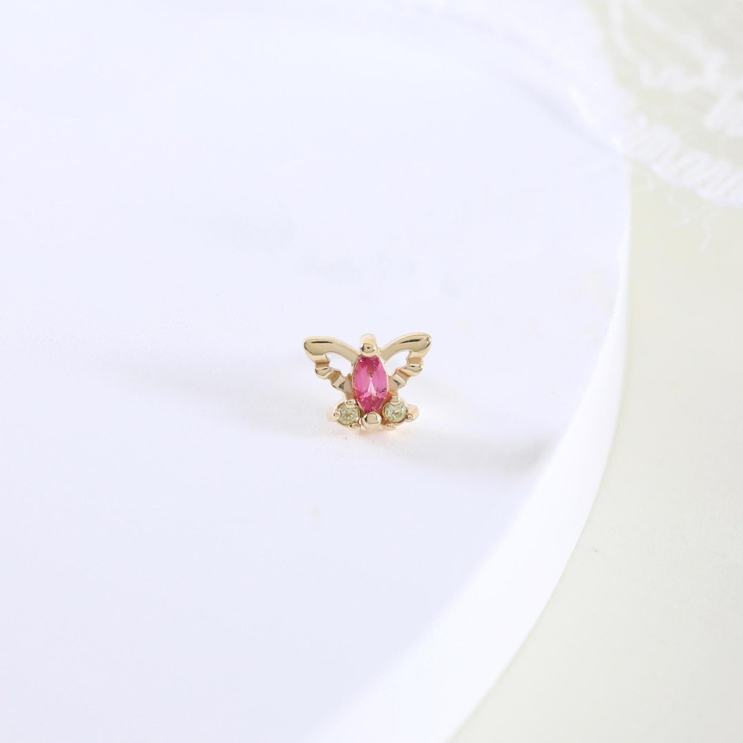 Hot Pink Butterfly 18kt Yellow Gold Stud