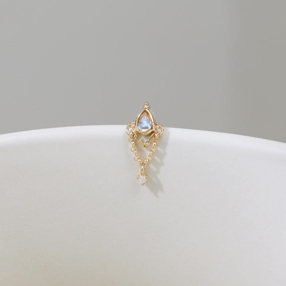 14K Solid Gold Moonstone Teardrop Dangle Chain Stud Earring Moissanite Drop Threadless Push Pin Gemstone Cartilage Helix Lobe Piercing