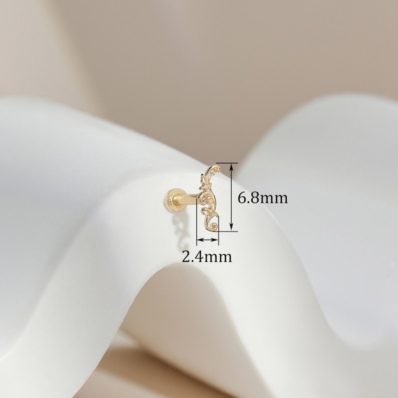 14K Solid Gold Scrollwork Leaf Ear Climber Stud: Helix Lobe Tragus Push ...