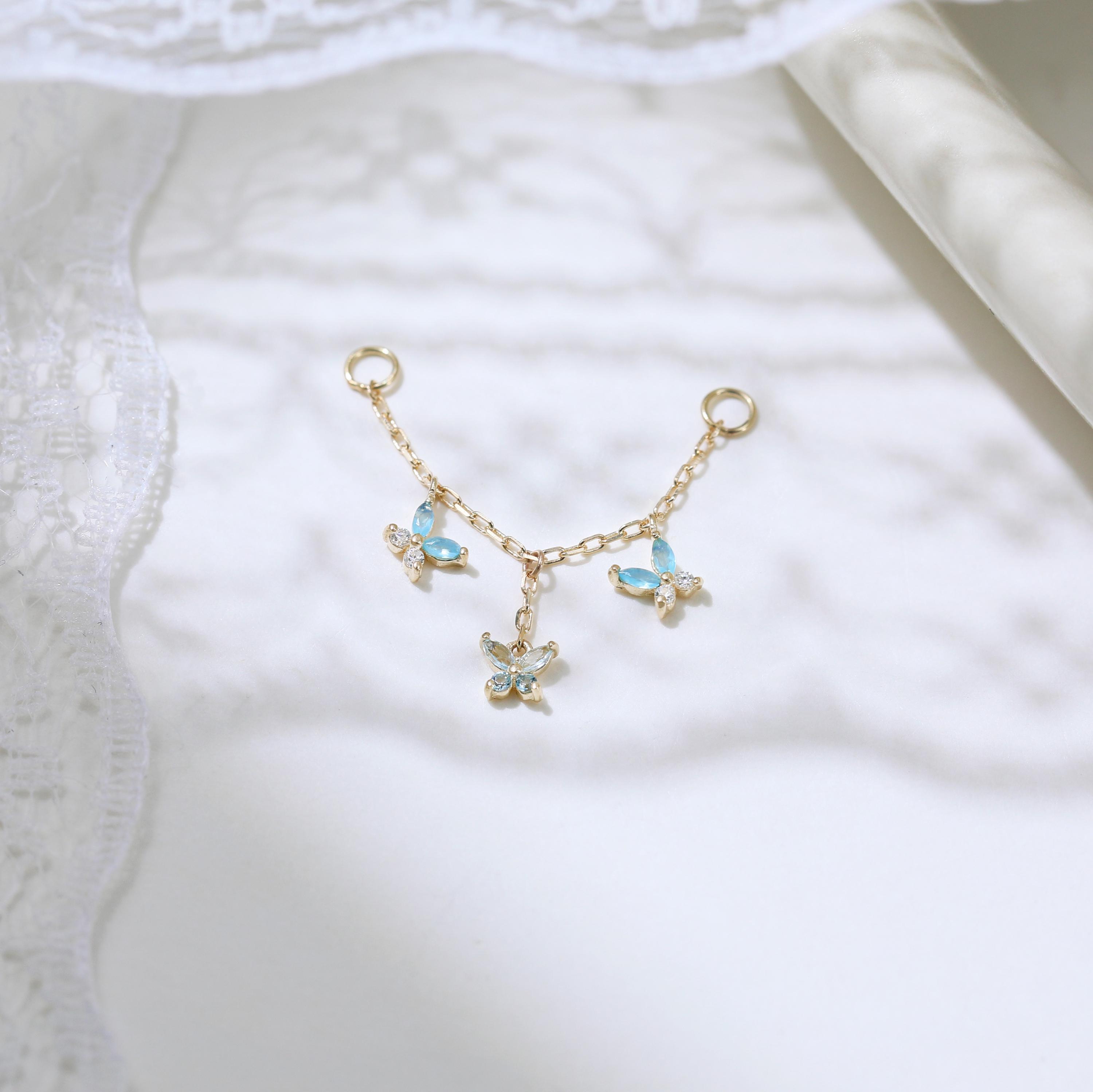 14K Solid Gold Butterfly London Blue Topaz Chain Connector Gemstone Dangle Nose Chain Animal Motif Pattern Cartilage Piercing Accessory