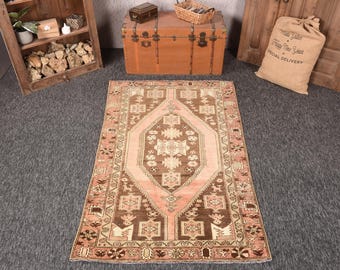 3.8x6.4 ft Rug, Area Turkish Rug, Brown Rug Geometric Rug