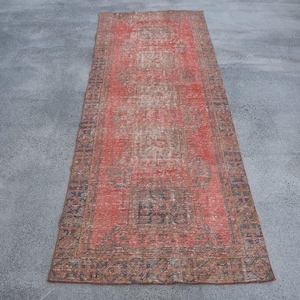 Alfombra turca vintage de 116 x 310 cm (3,8 x 10,2 pies), color rojo y azul liso.