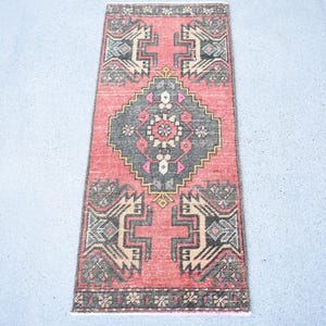 1x3 Small Rug, Turkish Rug, Vintage Rug, Anatolian Rug, Rugs For Bathroom, 1.3x3.2 ft Red Rug, Modern Minimalist Wool Rug, Handwoven Rug,