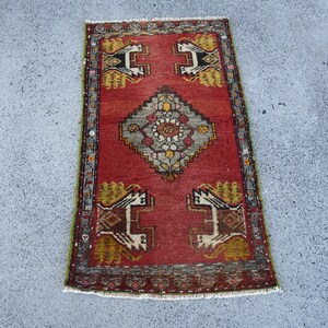 Turkish Small Rug 1.7x3.1 ft, Red Gray Solid Rug Wool