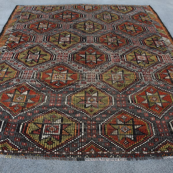 Vintage Kilim, Turkish Kilim, Large Kilim, Anatolian Kilim, Rugs For Living Room, 7x8.1 ft Green Kilim, Boho Chic Turkish Rug, Oushas Kilim,