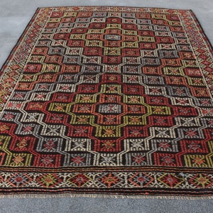 Large Kilim, Embroidered Turkish Kilim, Vintage Kilim, Antique Kilim, Rugs For Dining Room, 6.6x8.1 ft Brown Kilim, Handwoven Kilim,