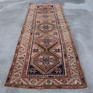 Vintage tapijt, Turks tapijt, 4 x 10 lopers, Anatolisch tapijt, traptapijten, roze tapijt van 3,4 x 9,5 ft, vintage Oushak-tapijt met franje, wollen tapijt,