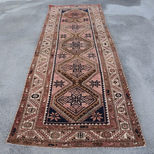 Vintage tapijt, Turks tapijt, 4 x 10 lopers, Anatolisch tapijt, traptapijten, roze tapijt van 3,4 x 9,5 ft, vintage Oushak-tapijt met franje, wollen tapijt,