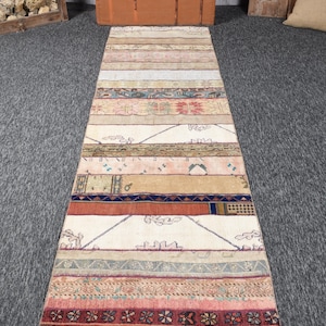Puede incluir: Una alfombra pasillera larga y rectangular con un diseño de retazos de bandas horizontales en varios colores, incluyendo beige, crema, terracota, azul y rosa. La alfombra muestra intrincados patrones geométricos y florales en su superficie.