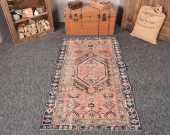 Turkish Rug, Area 3.8x6.6 ft Vintage Rug, Blue Geometric Wool Rug