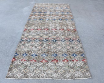 Alfombra turca vintage de 121 x 283 cm (4 x 9,3 pies), alfombra ikat gris.