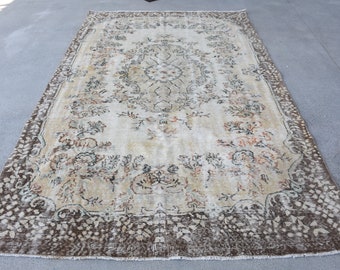 Vintage Rug, Turkish Rug, 6x10 Large Rug, Oushak Rug, Rugs For Dining Room, 5.6x9.2 ft Beige Rug, Neutral Scandinavian Style Rug, Wool Rug,