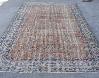7x10 Large Rug, Vintage Rug, Turkish Rug, Oushak Rug, Rugs For Salon, 6.9x9.6 ft Orange Rug, Vintage Beni Ourain Rug, Large Wool Rug,