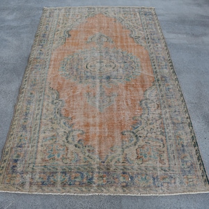 Vintage Turkish Area Rug, Orange Medallion Design, Distressed Look, 5x9ft, Unique Home Decor, Traditional Pattern, Bohemian Style