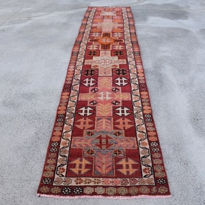 Vintage Herki Rug, Turkish Rug, 3x13 Runner Rug, Anatolian Rug, Rugs For Corridor, 2.6x13 ft Red Rug, Vintage Beni Ourain Rug, Stair Rug,