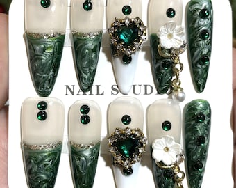 Emerald green nails press on | Handmade Almond Press-on Nails | Birthday Party Festival Nails | Nail Set