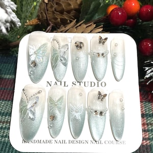 Mint Green Tone Small Butterfly Press on nails | Fresh Handmade gel False Nail | Birthday, Holiday, Gift