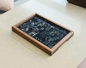 Wooden Tray with Glass and Print, Stylish and Elegant Wooden Tray, Wooden Tray with Print and Glass, Wooden Tray for Presentation and Servic