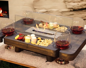 Wooden Wine and Snack Serving Tray With Fireplace, Breakfast Serving Table, Wine Serving Table, Assembly and Demounted Serving Plate
