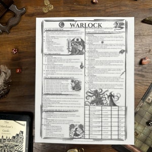 May include: A black and white printable Dungeons and Dragons character sheet for the Warlock class. The sheet includes information about the class, key mechanics, progression highlights, optimised build suggestions, and a table for tracking character stats. The sheet features a black and white illustration of a warlock with a demonic patron.