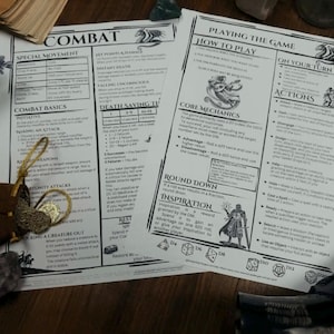May include: Two sheets of paper with game instructions, titled "COMBAT" and "PLAYING THE GAME." The pages are white with black text and illustrations. A gold-colored pendant and a purple crystal are visible.