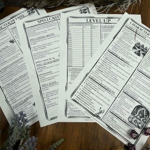 May include: A collection of white paper sheets with black text, featuring detailed information for a role-playing game. The sheets include sections on character details, spellcasting, and character creation. Dice are visible.