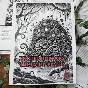 Op de afbeelding: Een zwart-witillustratie van een monsterlijk, plantachtig wezen met gloeiende ogen, omringd door verstrengelde ranken en bloemen. De tekst "ROOTED HORRORS: THE LIVING PLANTS" staat in het rood onderaan in het midden op de witte pagina.