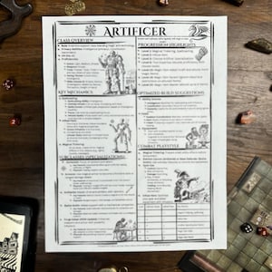 May include: A black and white printed Dungeons and Dragons character sheet for the Artificer class. The sheet includes information about the class, key mechanics, subclasses, and combat playstyle. The sheet is printed on white paper and has a black border.
