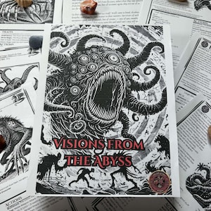 May include: A black and white illustration of a multi-eyed, tentacled monster with a wide, toothy maw. The text "VISIONS FROM THE ABYSS" is printed in red below the creature, accompanied by a circular emblem and silhouettes of smaller figures.
