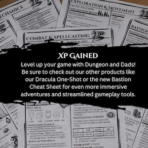 May include: A black and white image with the text "XP GAINED" in large white letters. The text is surrounded by images of paper sheets with text about Dungeons and Dragons game mechanics, including "Combat & Spellcasting", "Exploration & Movement", "Damage & Healing", and "Spellcasting".