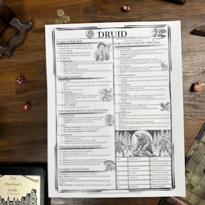 May include: A black and white printed sheet of paper with the title "Druid" and a class overview for the Dungeons and Dragons role-playing game. The sheet includes information on the class's key mechanics, optimized build suggestions, progression highlights, and combat playstyle.