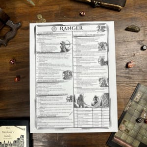 Könnte beinhalten: Ein schwarz-weißes druckbares Charakterblatt für die Ranger-Klasse in Dungeons and Dragons. Das Blatt enthält Abschnitte für die Klassenübersicht, neue Mechaniken, wie man das Beste aus der Klasse herausholt, optimierte Build-Vorschläge und Kampfstil.