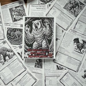 May include: A collection of printed game sheets featuring black and white illustrations of various creatures. A central card displays an owl-like monster with the text The Wild Hunt: A Bestiary of Monstrosities. The sheets include detailed text descriptions.