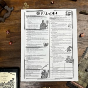 May include: A black and white printable Dungeons and Dragons character sheet for the Paladin class. The sheet includes information about the class, key mechanics, optimised build suggestions, and combat playstyle. The sheet also includes illustrations of a Paladin character and a dragon.