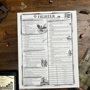 May include: A black and white printed sheet of paper with the word "Fighter" in a large font at the top. The sheet contains information about the Fighter class in Dungeons and Dragons, including class overview, key mechanics, optimised build suggestions, combat playstyle, and progression highlights.