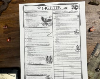 May include: A black and white printed sheet of paper with the word "Fighter" in a large font at the top. The sheet contains information about the Fighter class in Dungeons and Dragons, including class overview, key mechanics, optimized build suggestions, combat playstyle, and progression highlights.