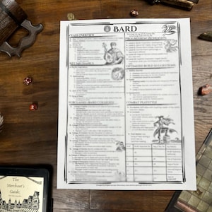May include: A black and white printed Dungeons and Dragons character sheet for the Bard class. The sheet includes information about the class, key mechanics, subclasses, combat playstyle, and optimized build suggestions. The sheet is on a wooden table with a compass, dice, and a book.