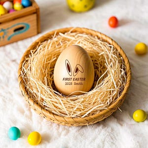 Personalisierte musikalische hölzerne Osterei-Schüttler, gravierte Ei-Shaker-Kinder, Kindermusikinstrument, Ostergeschenke, Baby-erstes Ostern