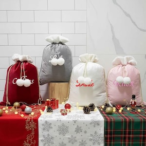 2025 Personalized Embroidered Santa Sack, Custom Cotton Christmas Gift Bag with Name， 50x70cm (20x28in) Plaid Holiday Gift Sack