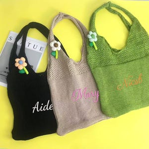 Personalisierte Name Stickerei Benutzerdefinierte häkeln Mesh Strand Einkaufstasche, Einkaufstasche gestrickte Sommerferien ästhetische Boho Einkaufstasche, Abschlussgeschenk