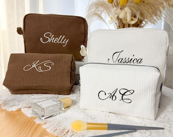 Bridesmaid Gift, Bride Large Makeup Bag, Embroidered Makeup Bag, Waffle Embroidered Makeup Bag, Makeup Organizer, Bridesmaid Gifts
