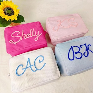 Large Personalized Embroidered Waffle Makeup Bag Big Custom Monogram Cosmetic Bag Initials Makeup Bag Bridesmaid Gift Travel Toiletry Bag