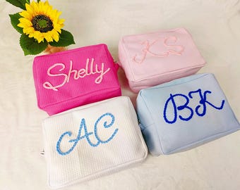 Personalized Embroidered Waffle Makeup Bag: Custom Monogram Toiletry Bag